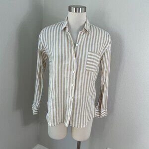 J Jill Love Linen Womens XS Beige White Striped Button Up Shirt Long Sleeve Top
